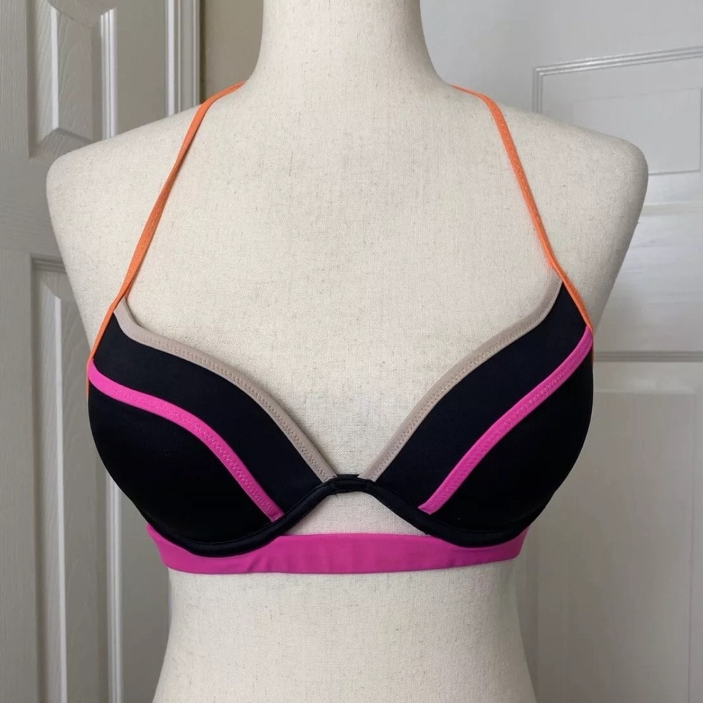 Victoria’s Secret Banded Hottie Halter Swim Top Size 32B Black Orange